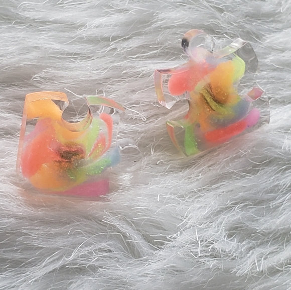 Handmade Rainbow Clear Puzzle Pieces Stud Earrings - Reacts to UV Light - Picture 4 of 7